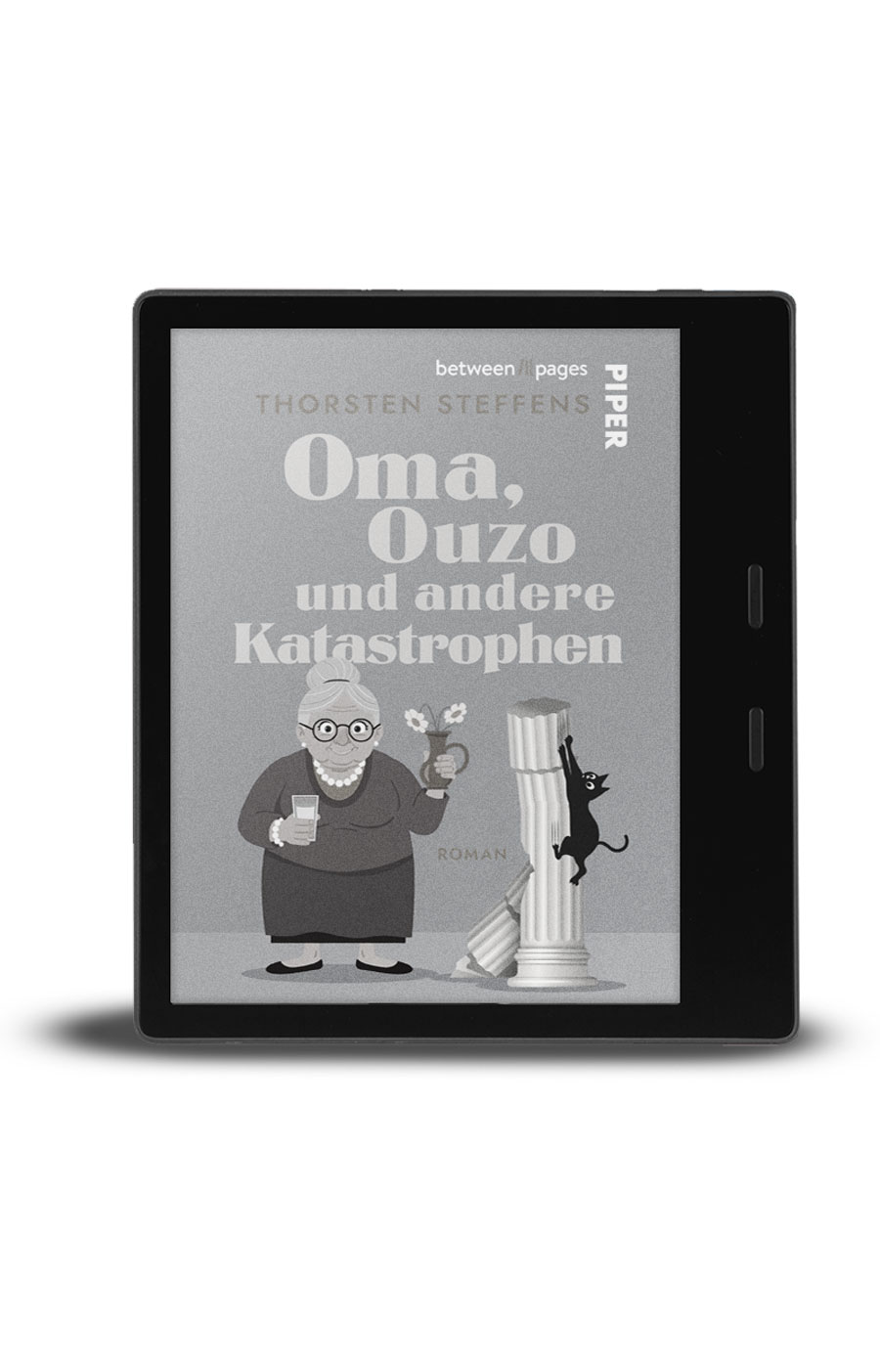 E-Book-Reader mit dem Cover des Romans Ein Hund für zwei in schwarz weiß