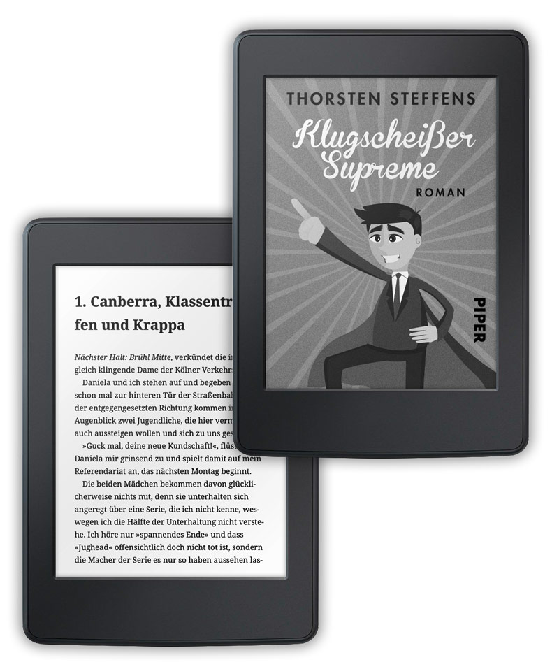 Klugscheißer Supreme und Kapitel 1 schwarz/weiß auf einem E-Book-Reader